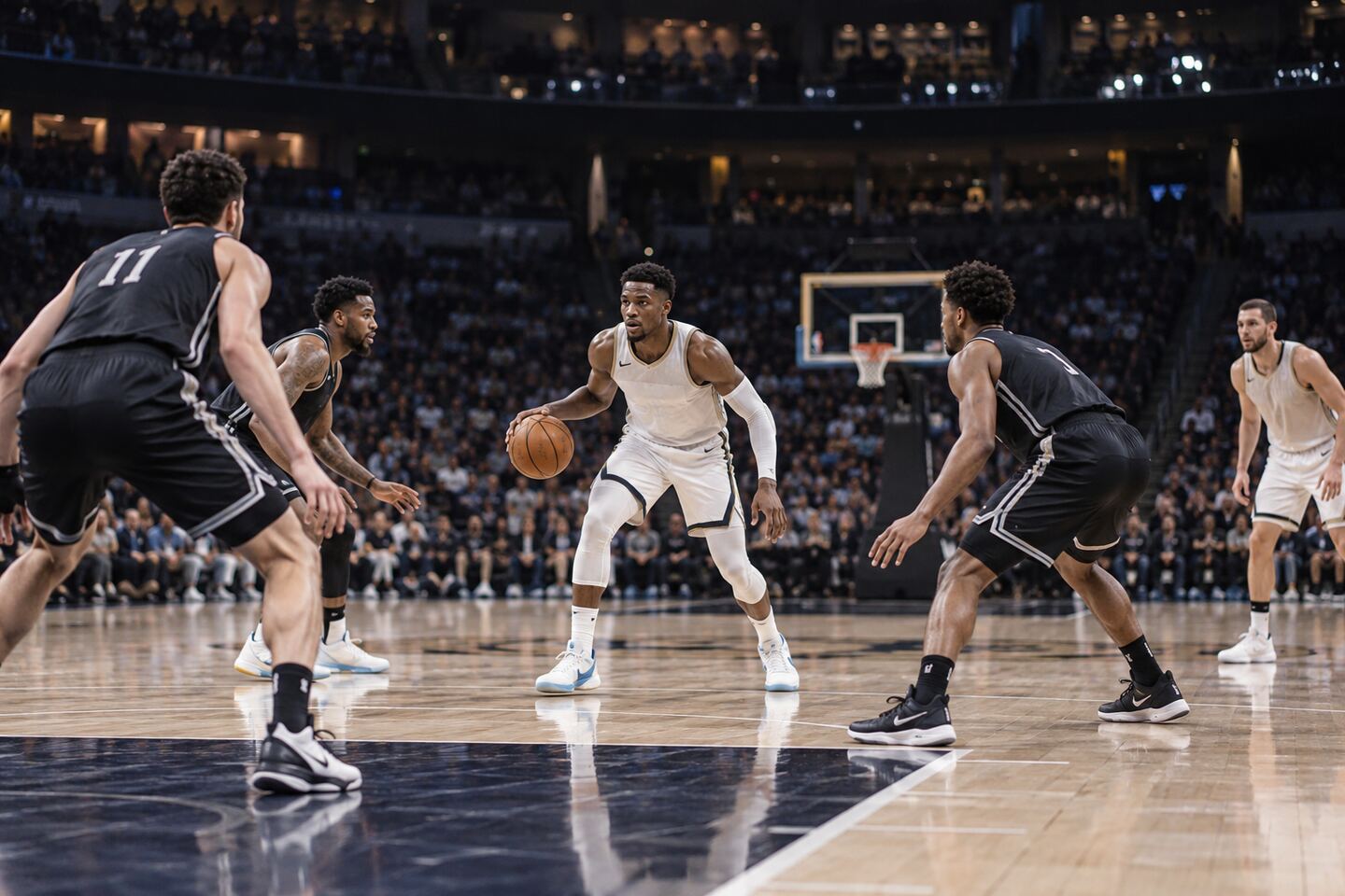 篮球比赛中五外站位拉开进攻空间的实战画面